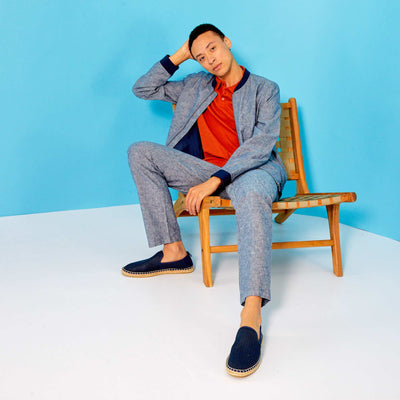 Pantalon chino slim avec lin Bleu