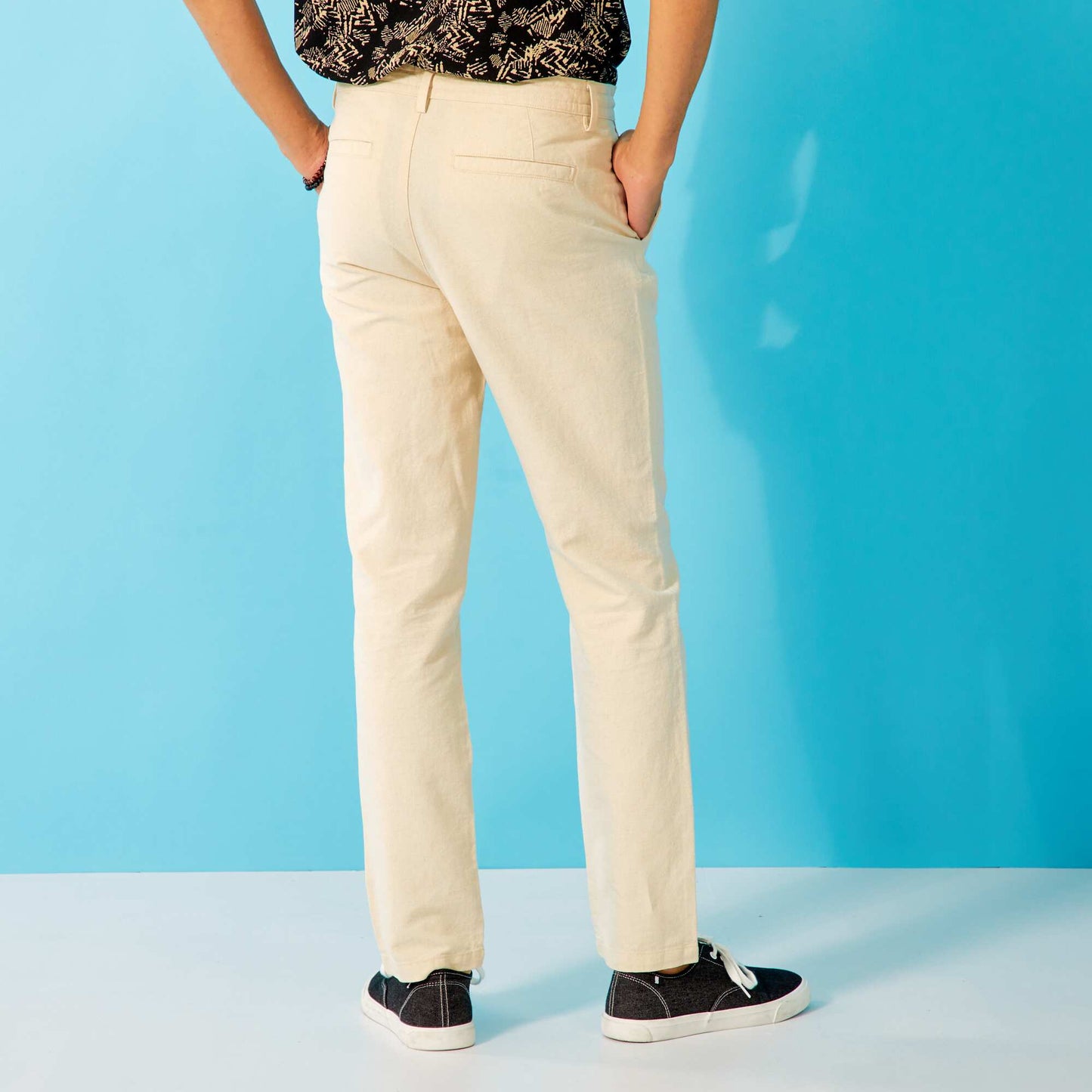 Pantalon chino slim lin et coton Beige