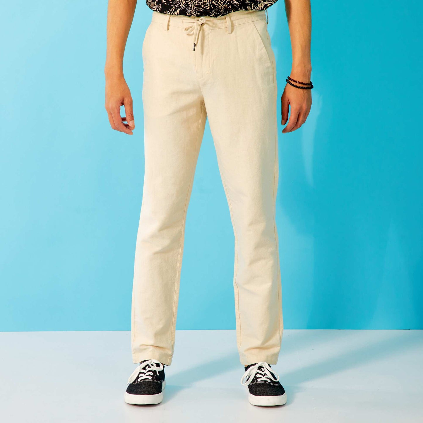 Pantalon chino slim lin et coton Beige