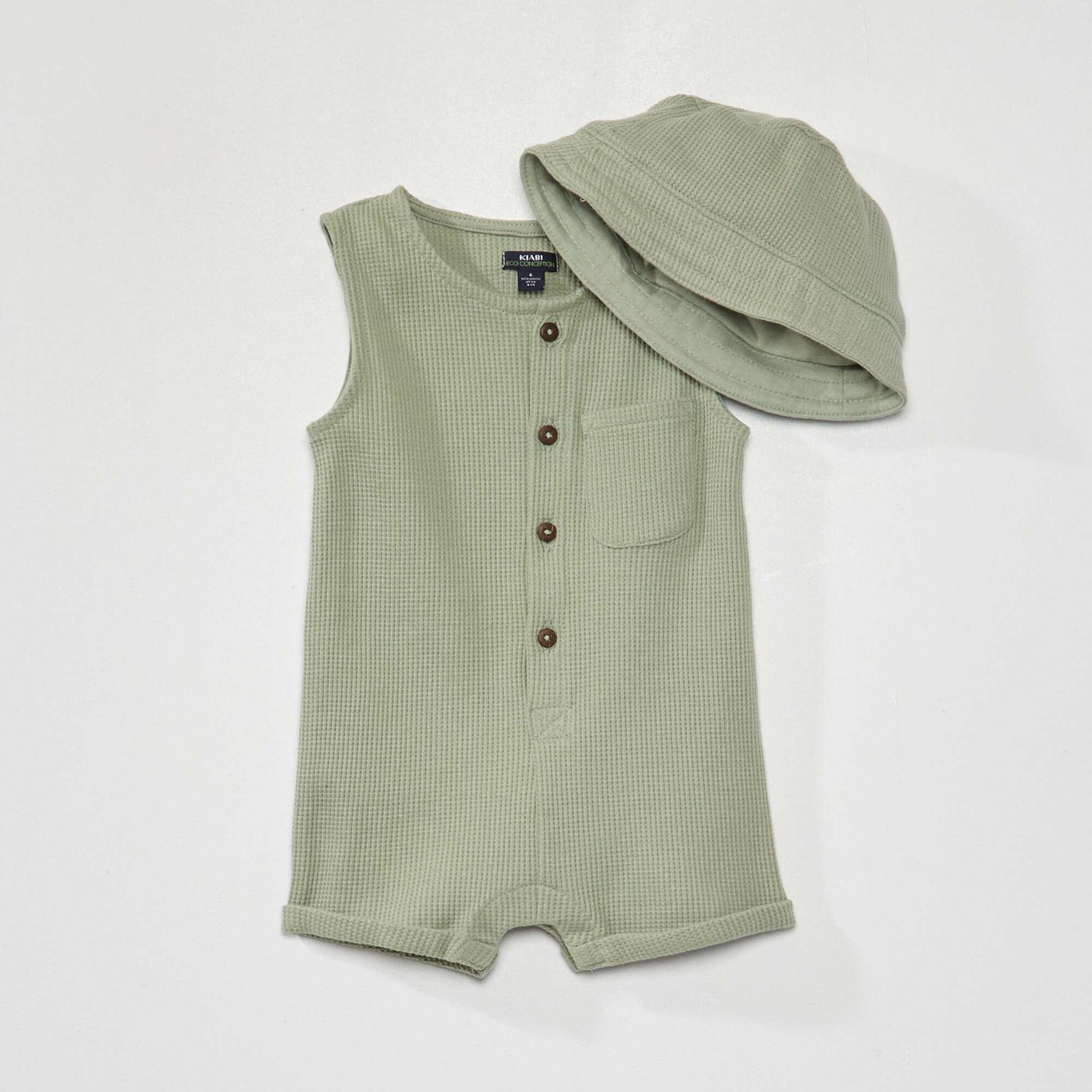 Ensemble barboteuse + bob en nid d'abeille vert gris