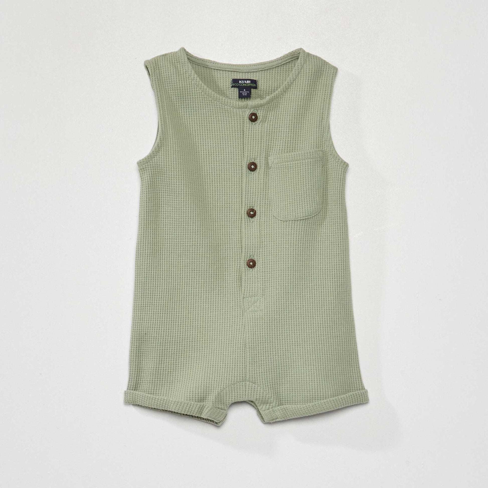 Ensemble barboteuse + bob en nid d'abeille vert gris