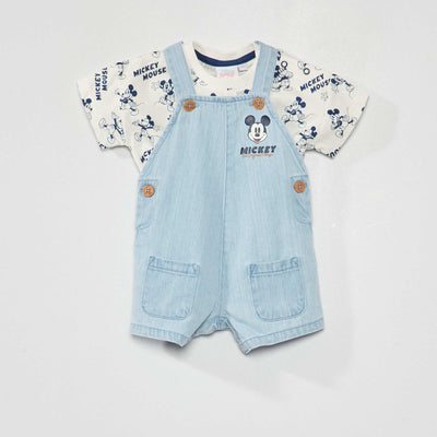 Ensemble tee-shirt + salopette 'Mickey' Denim/blanc