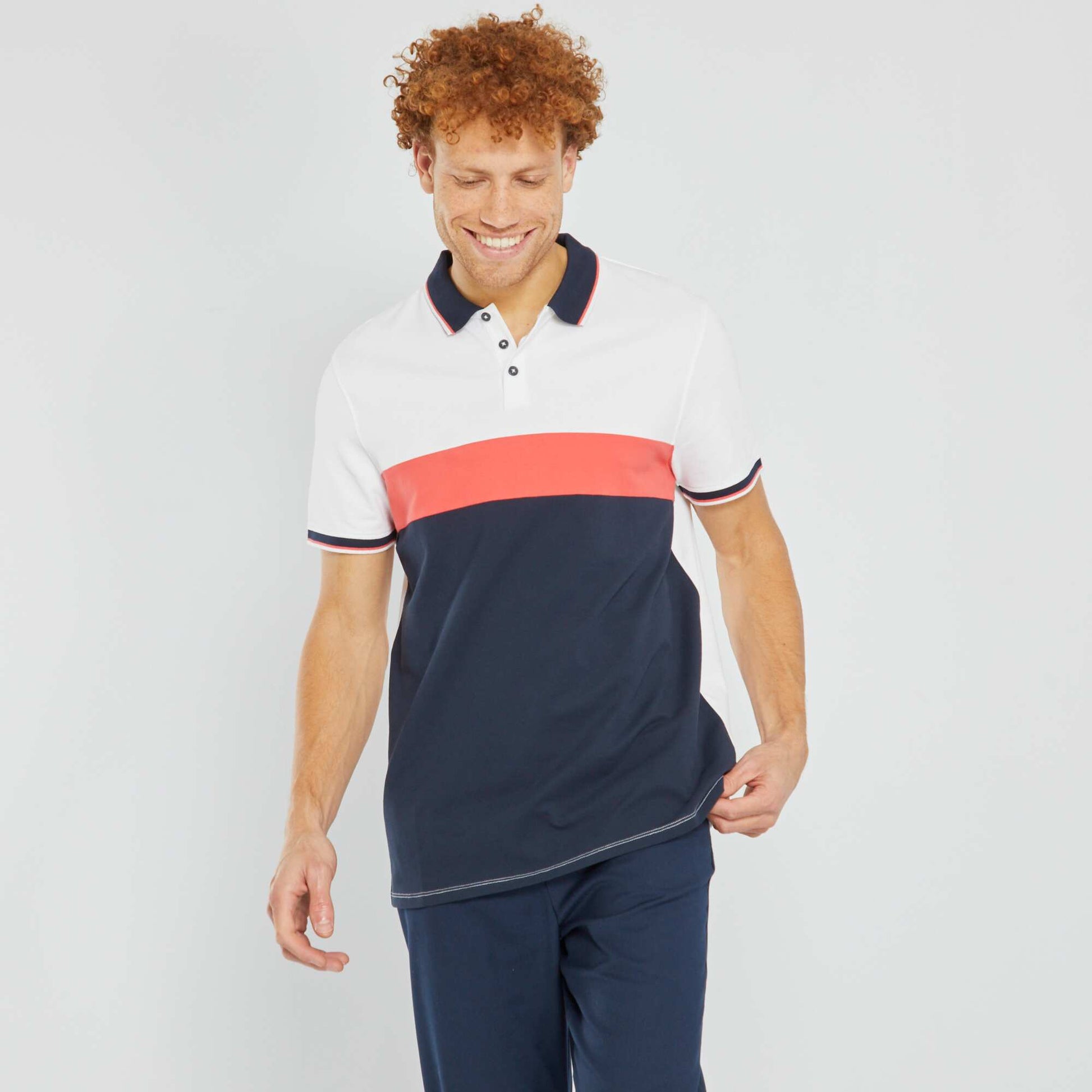 Polo en piqu de coton color-block Bleu/blanc