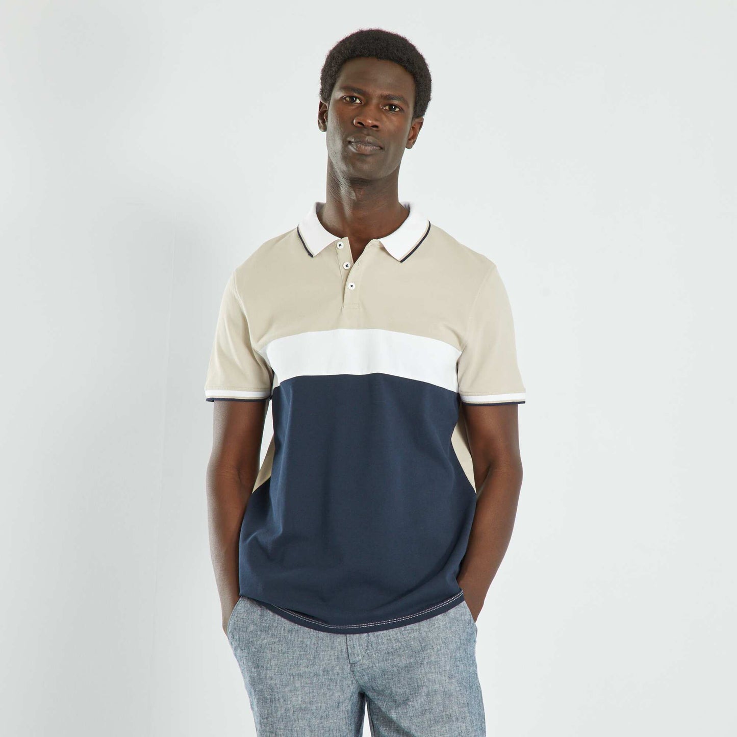 Polo en piqu de coton color-block Beige/gris