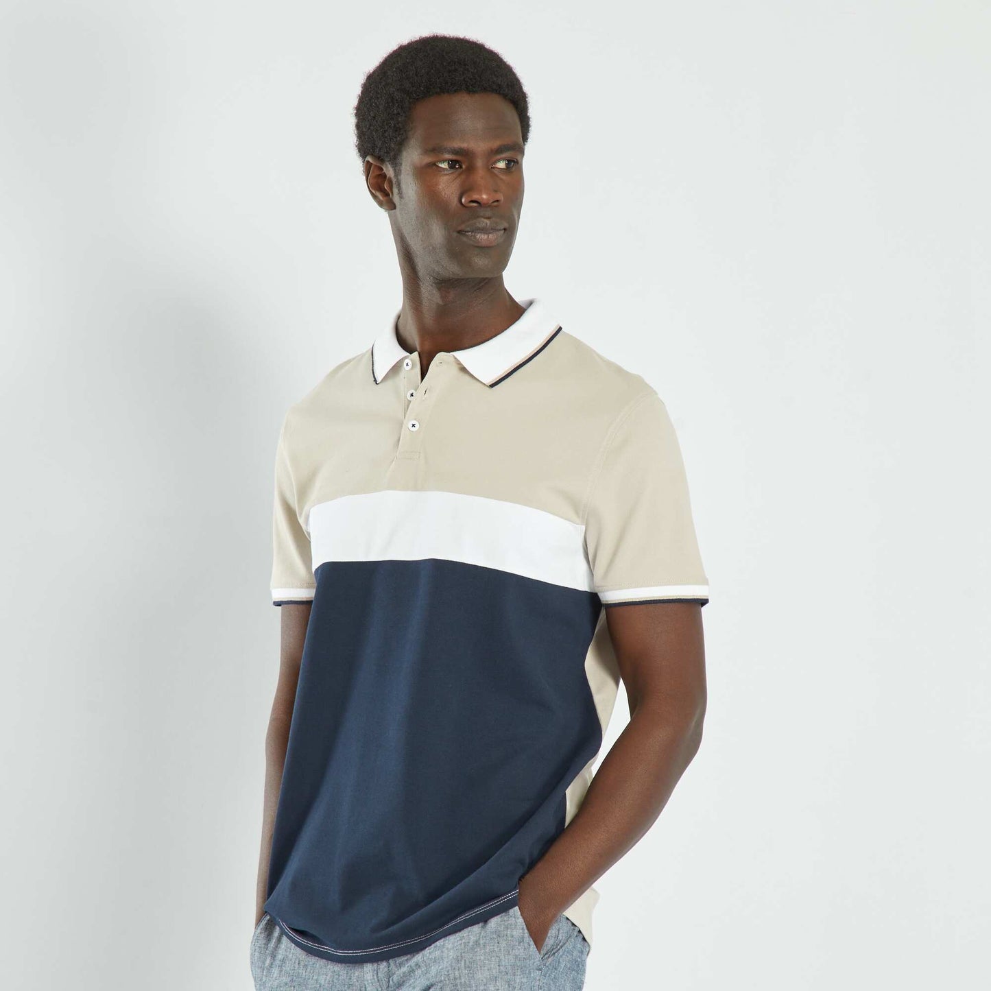 Polo en piqu de coton color-block Beige/gris