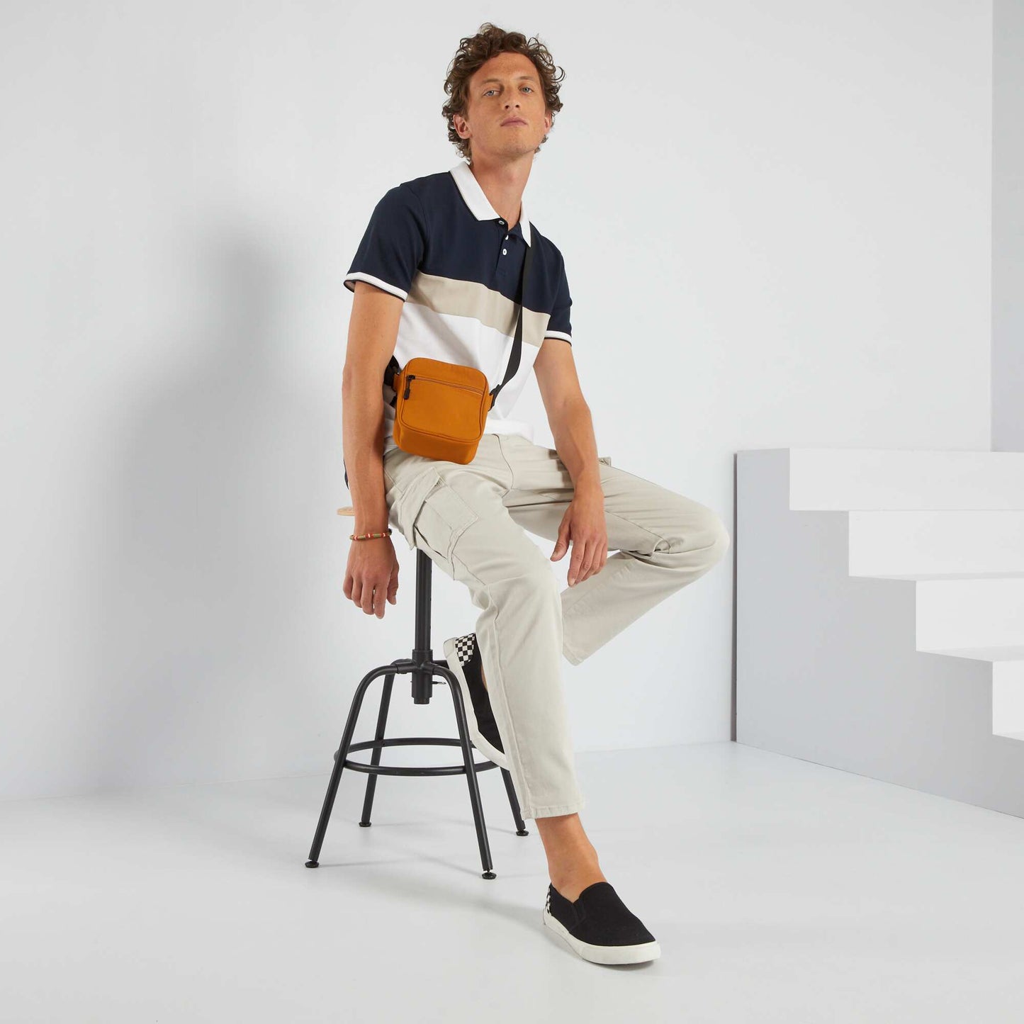 Polo en piqu de coton color-block Blanc/bleu