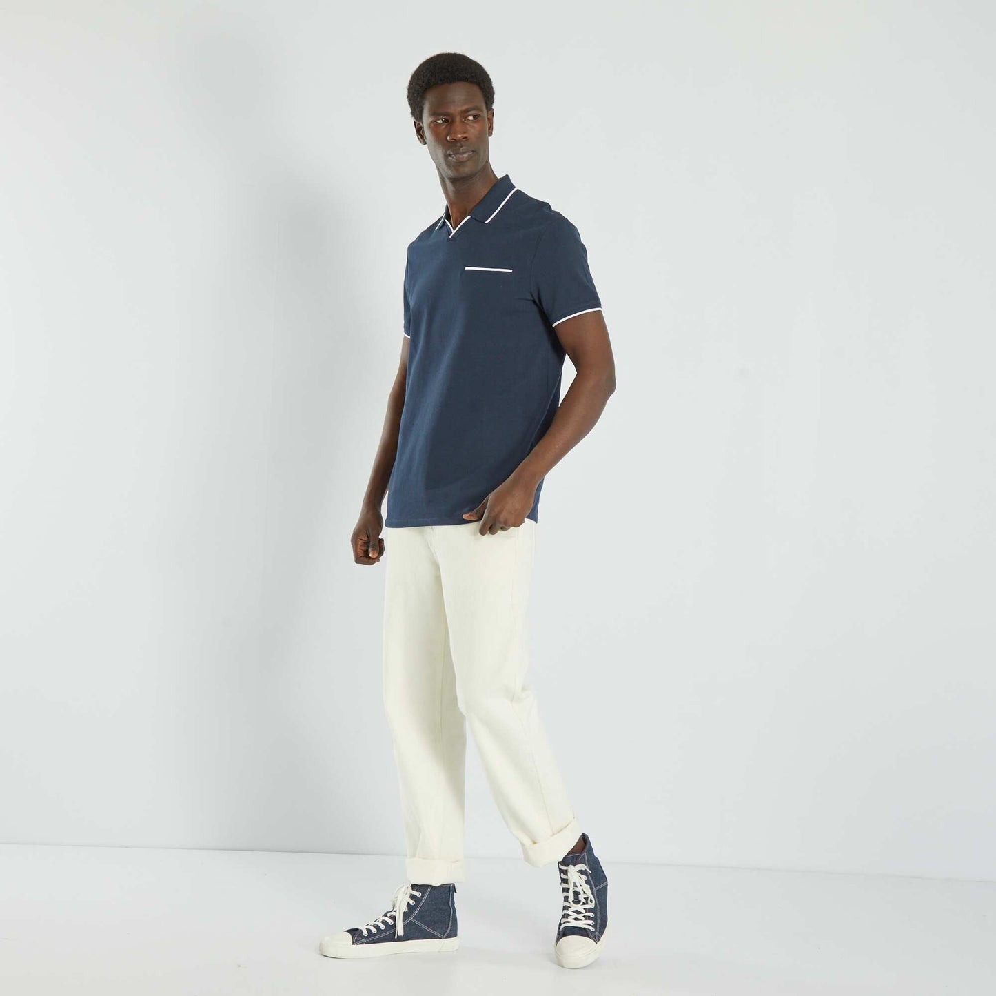 Polo col V en piqu de coton Bleu marine
