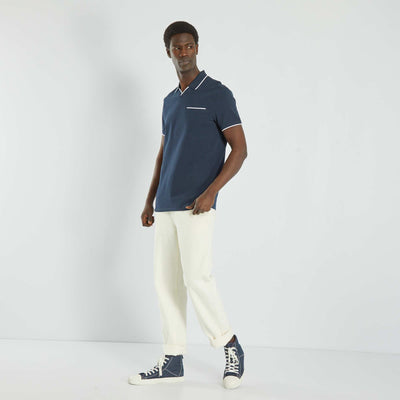 Polo col V en piqu de coton Bleu marine