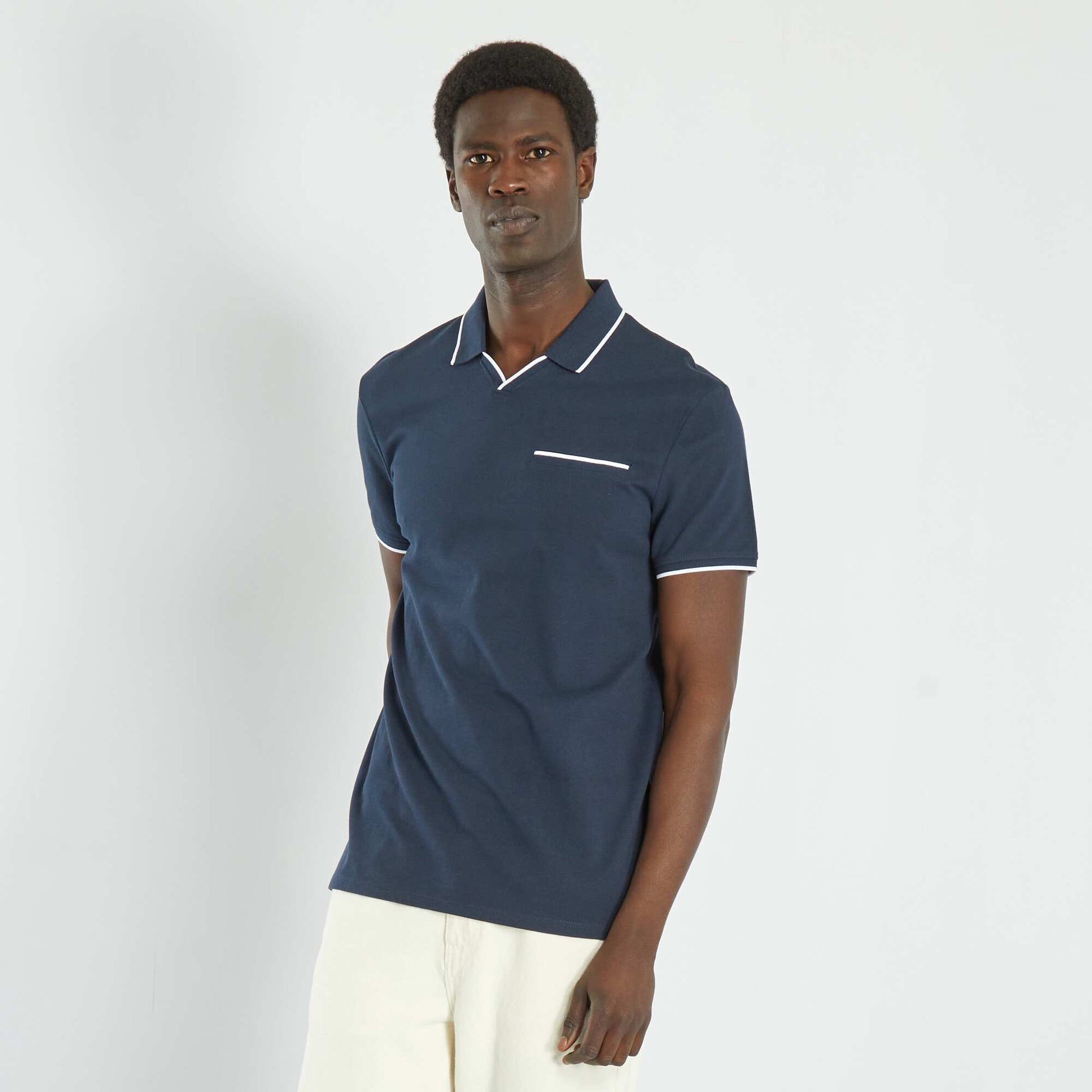 Polo col V en piqu de coton Bleu marine