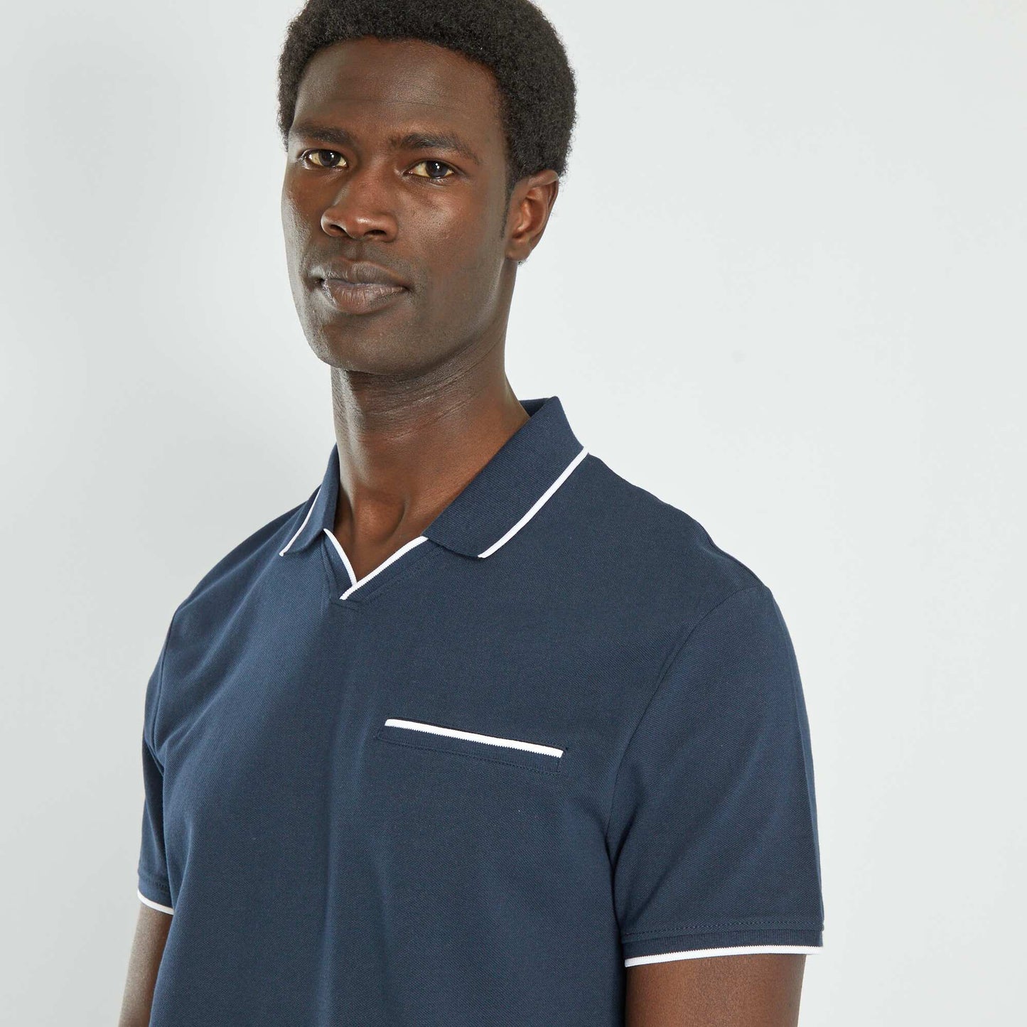 Polo col V en piqu de coton Bleu marine