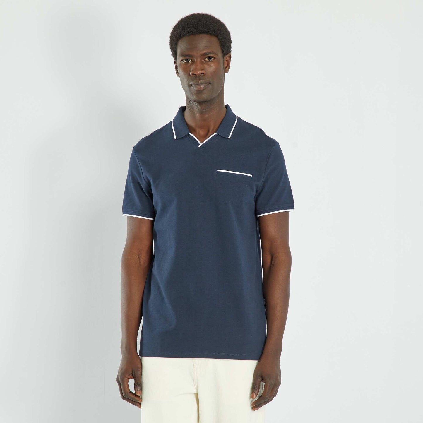 Polo col V en piqu de coton Bleu marine